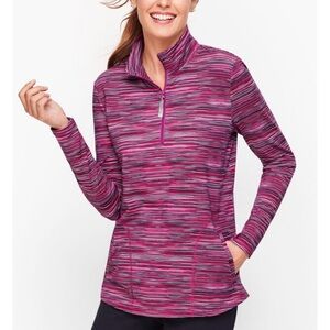 T by Talbots Striped Quarter-Zip Space Dyed Performance Pullover Size L Pockets
